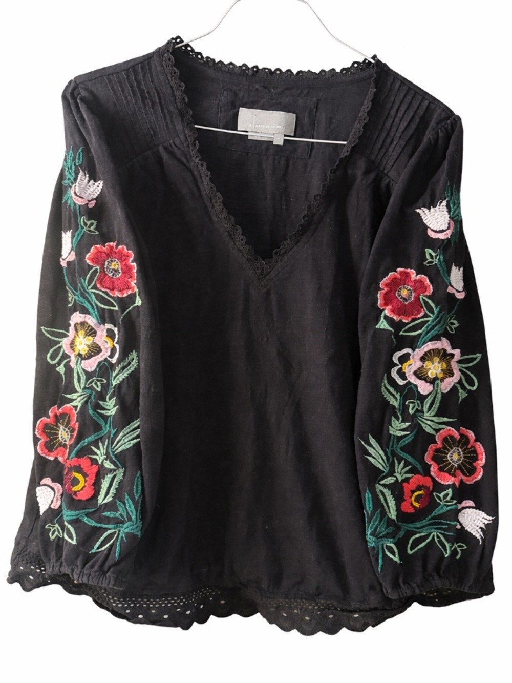 Anthropologie Black V-Neck Top with Floral Embroidery
